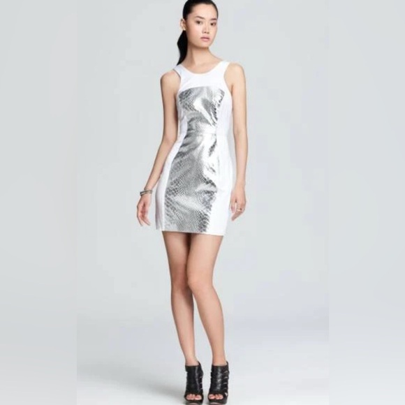 Milly White Silver Mirrored Python Leather Panel Racerback Dress Women’s Size‎ 2